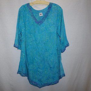 LOST RIVER Indonesia Batik mini dress coverup Small turquoise blue B-29